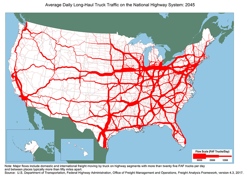 Average daily long-haul truck traffic on the national highway system: 2045